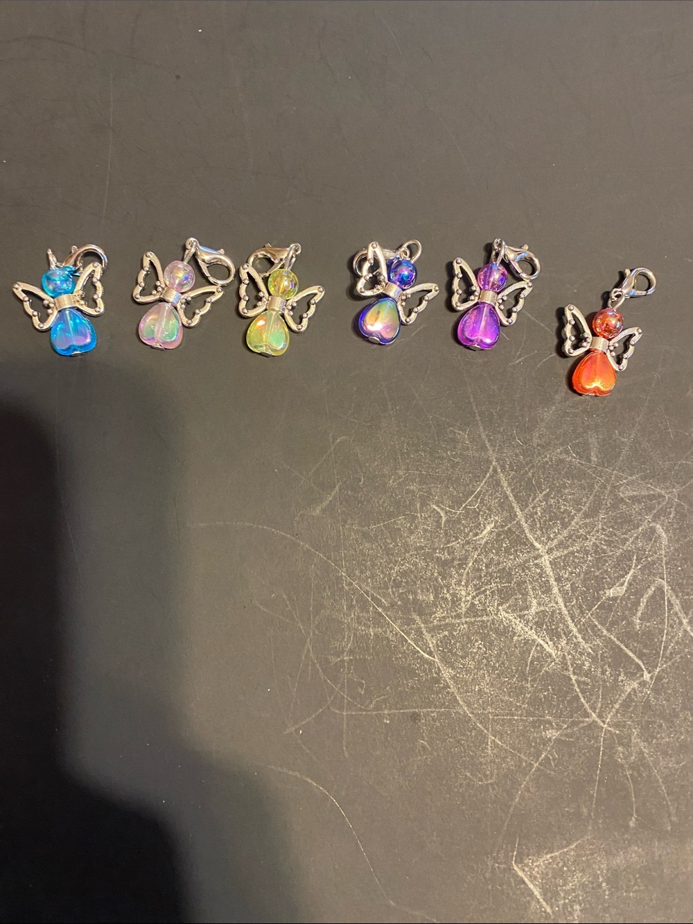 Silver Angel Charm Pendant with Multicolor Iridescent Hearts